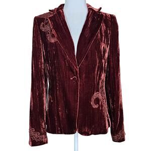 Reba Crushed Velvet Blazer Womens 8 Red Embellished Paisley